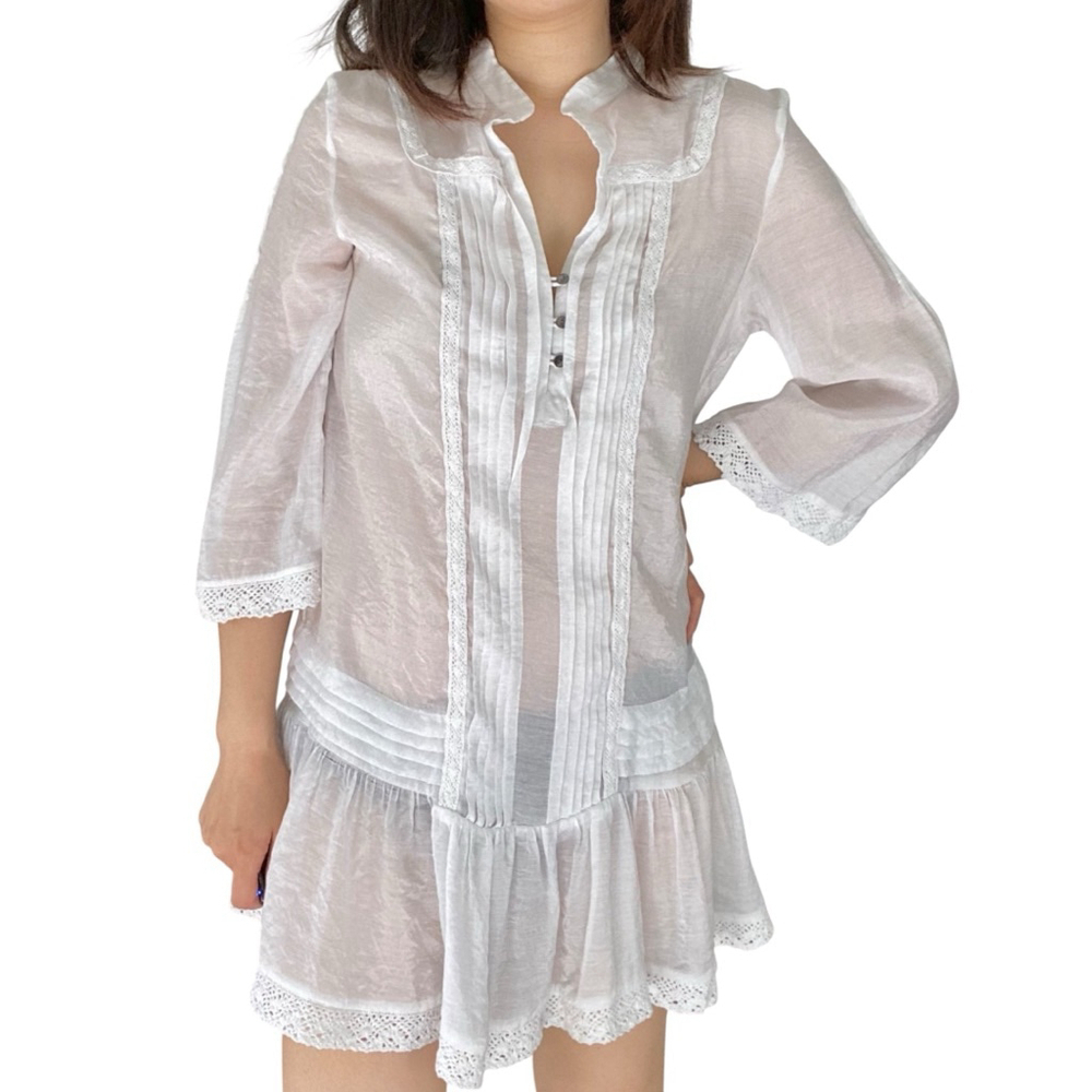 Solitaire Sheer White Mini Dress with Lace Trim